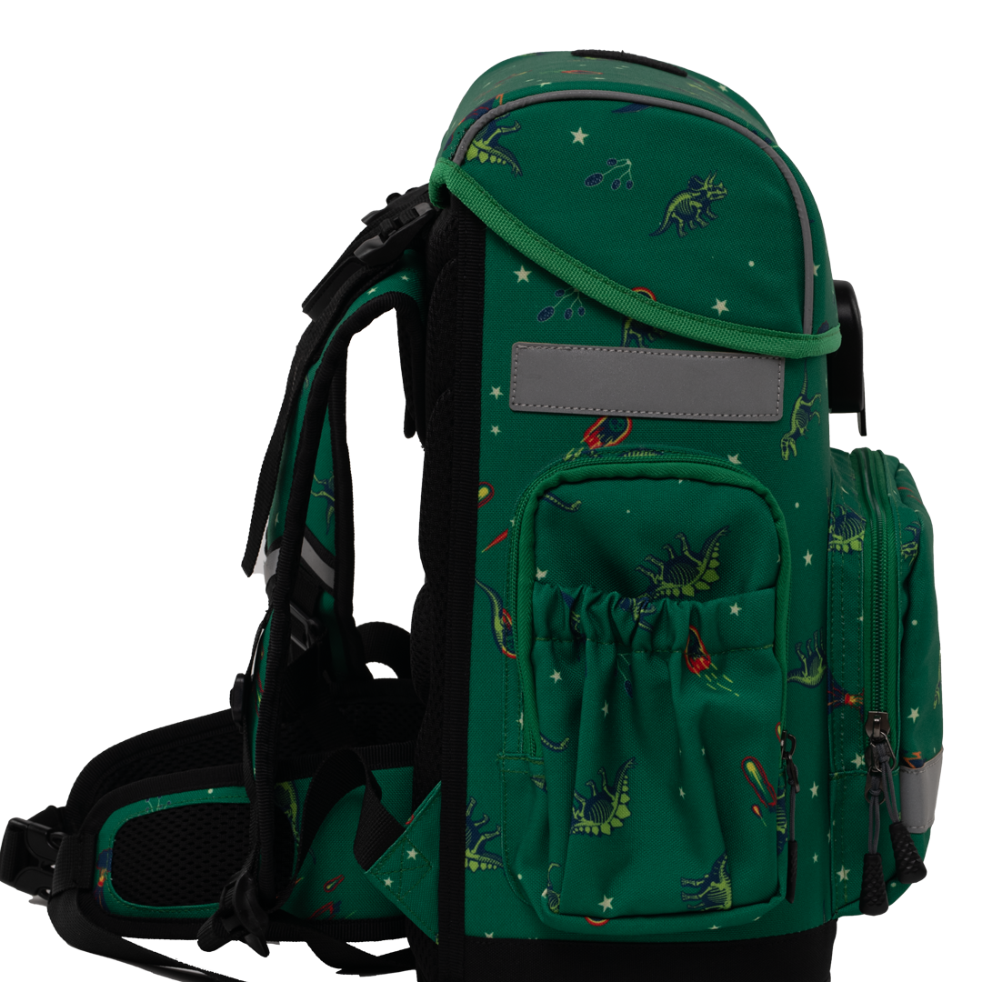 Green ergonomic backpack - age of dinosaurs side view