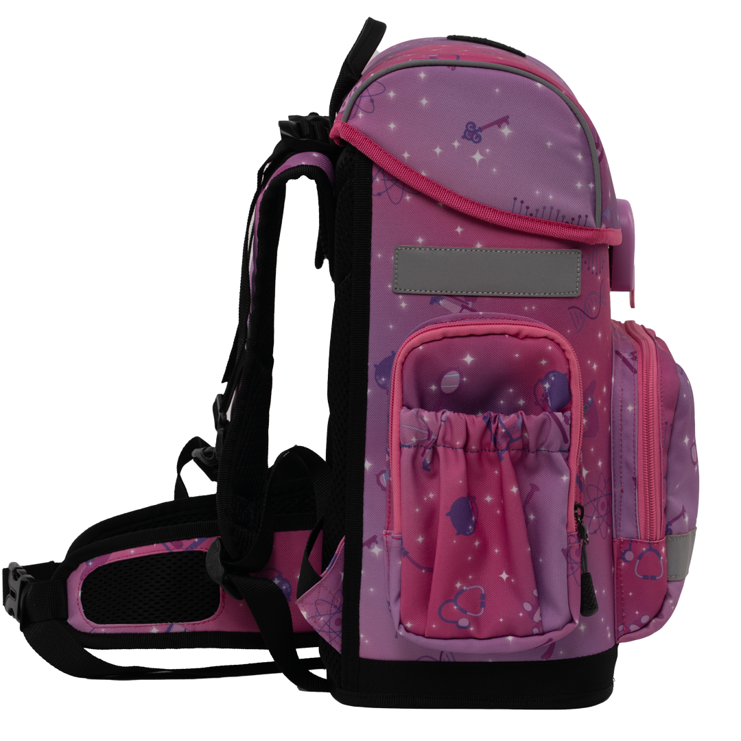 Pink ergonomic backpack - Magic stem without patches side view