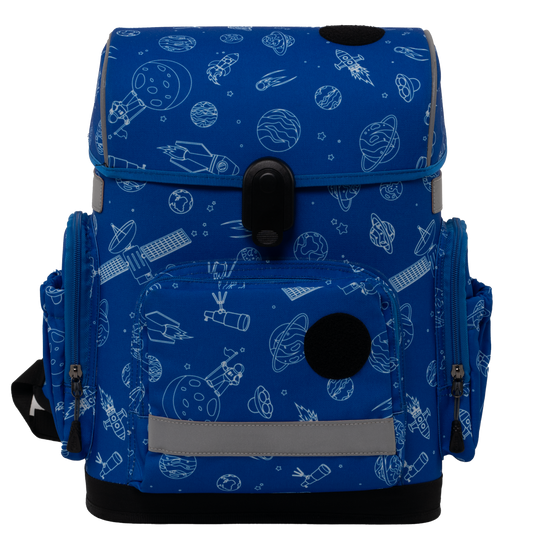 Blue ergonomic backpack - space adventure without patches front view