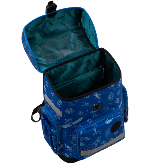 Blue ergonomic backpack - Space Adventures opened