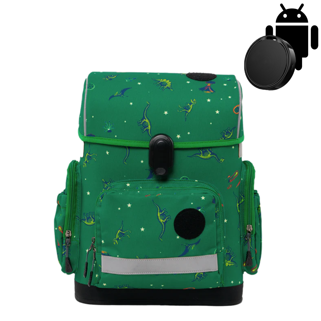 Ergonomic school backpack for kids — Age of Dinosaurs , green, front view, with Android GPS tracker
