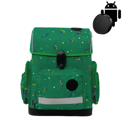 Ergonomic school backpack for kids — Age of Dinosaurs , green, front view, with Android GPS tracker
