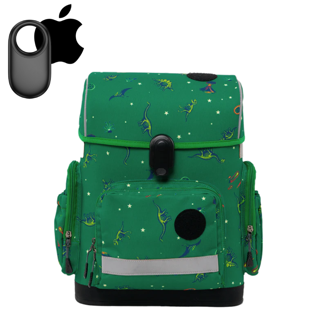 Ergonomic school backpack for kids — Age of Dinosaurs , green, with apple gps tracker front view