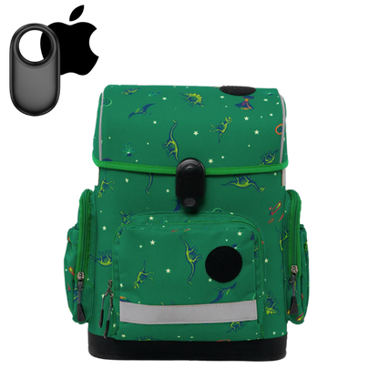 Ergonomic school backpack for kids — Age of Dinosaurs , green, with apple gps tracker front view