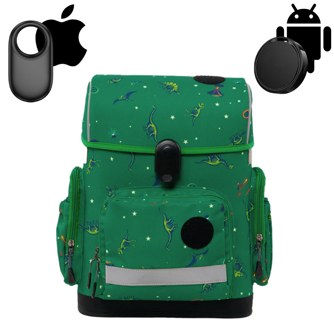 Ergonomic school backpack for kids — Age of Dinosaurs , green, front view , with GPS trackers