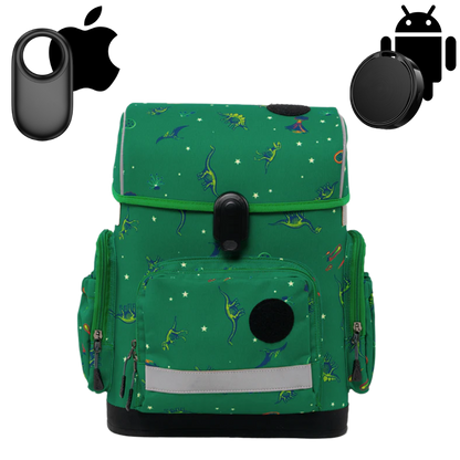 Ergonomic school backpack for kids — Age of Dinosaurs , green, front view , with GPS trackers