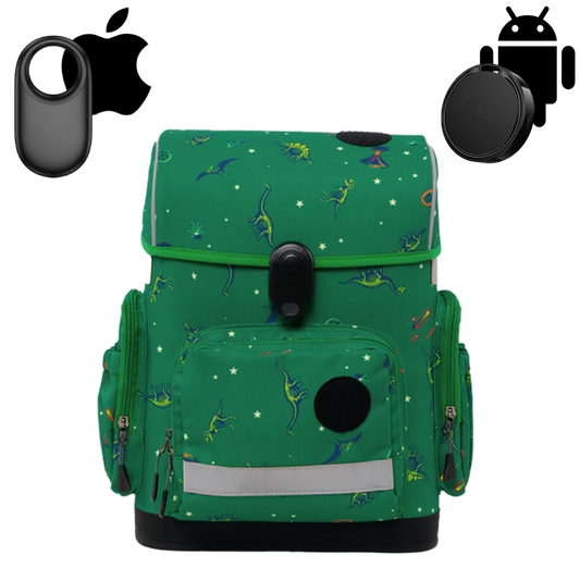 Ergonomic school backpack for kids — Age of Dinosaurs , green, front view , with GPS trackers