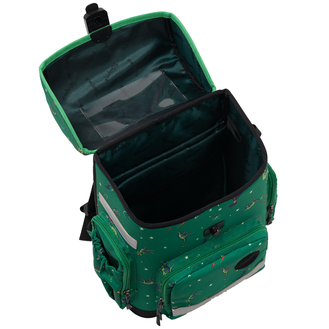 Green ergonomic backpack - Era or dinosaurs opened