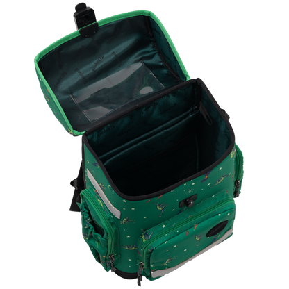 Green ergonomic backpack - Era or dinosaurs opened