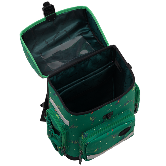 Green ergonomic backpack - Era or dinosaurs opened