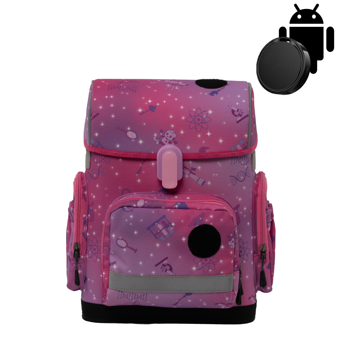Ergonomic school backpack for kids — Magic STEM , pink, front view , with Android GPS tracker 