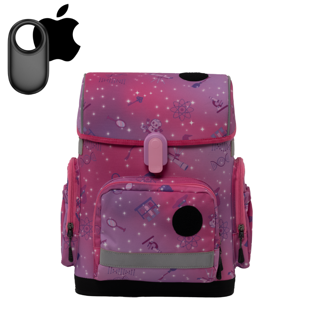 Ergonomic school backpack for kids — Magic STEM , pink, front view , with Apple GPS tracker