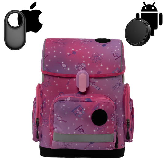 Ergonomic school backpack for kids — Magic STEM , pink, front view , with GPS trackers